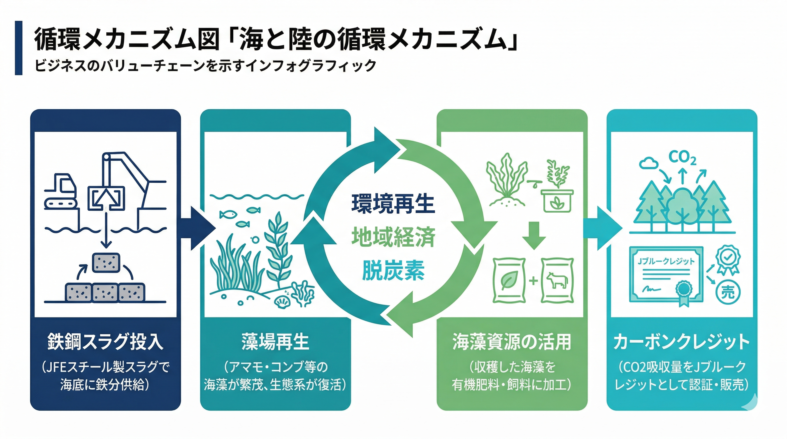海と陸の循環メカニズム — 鉄鋼スラグ投入から藻場再生、海藻資源活用、カーボンクレジットへ